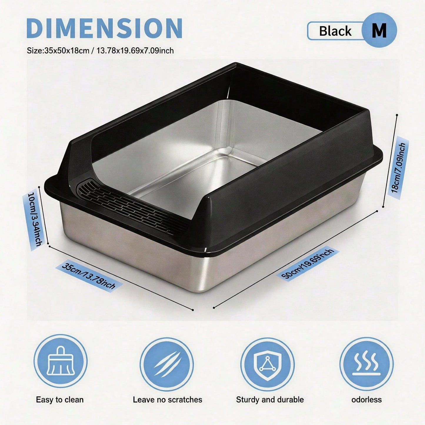 Stainless Steel Cat Litter Box Large Open Top Anti Splash & Odor Resistant