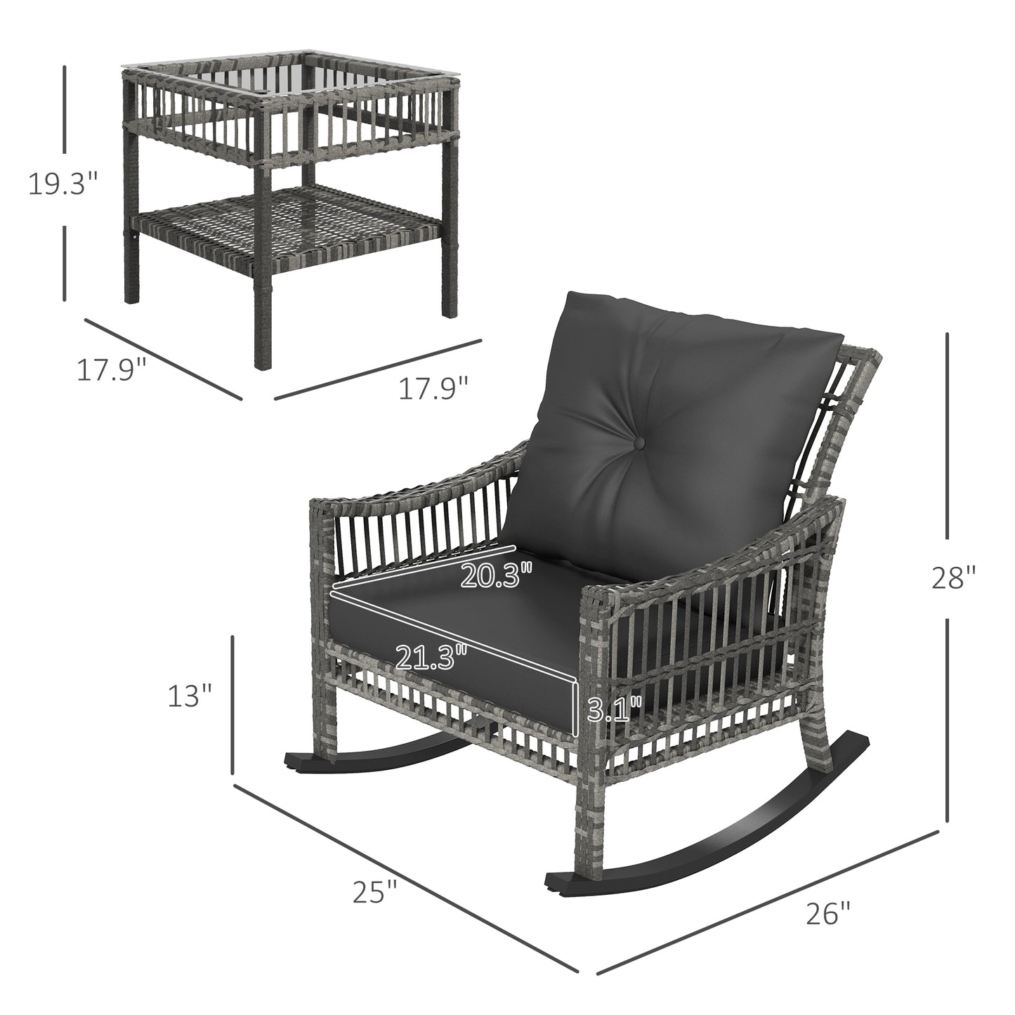 3-Piece Outdoor Rattan Rocker Chair Set with Glass Table - Gray