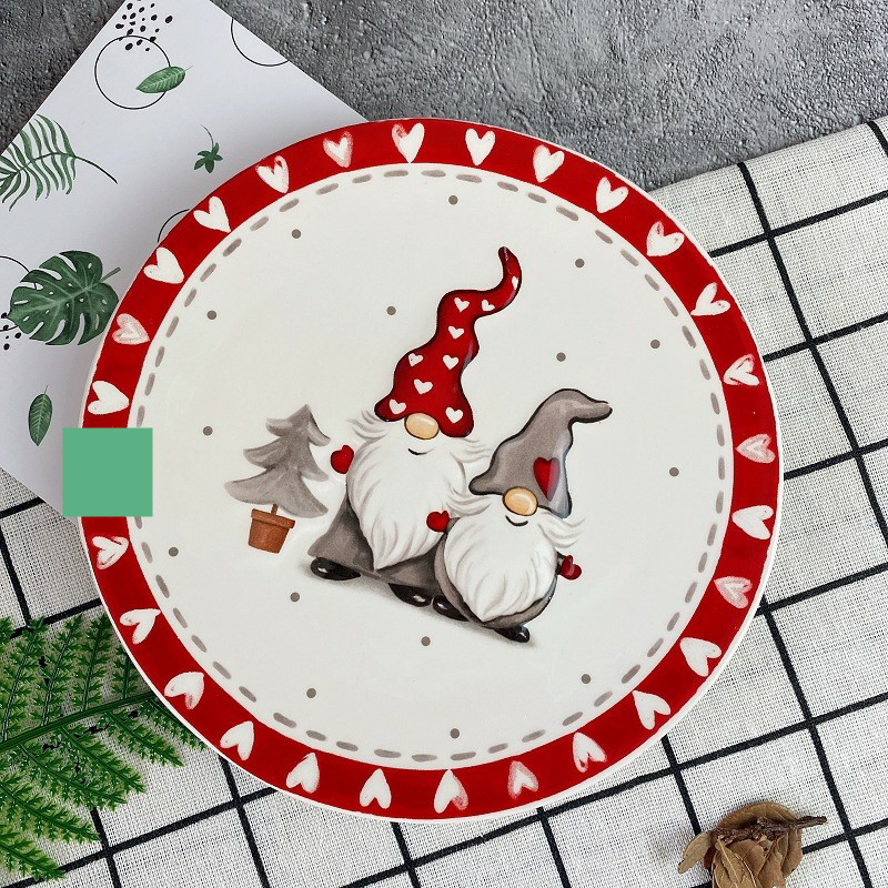 Round Christmas Ceramic Embossed Dish - Shallow Porcelain Tableware, Red