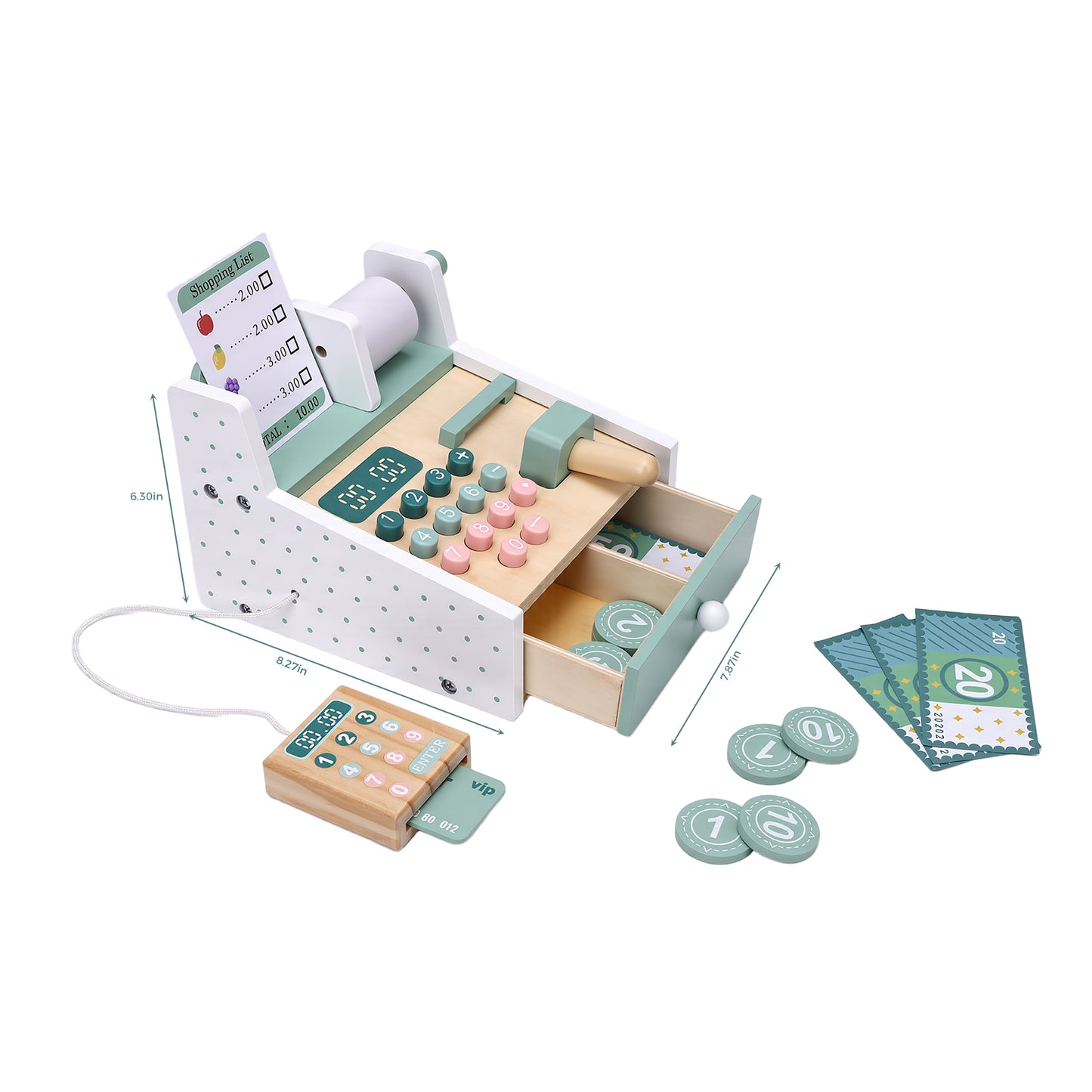 Wooden Cash Register Toy With Scanner Play Money Shopping Cards
