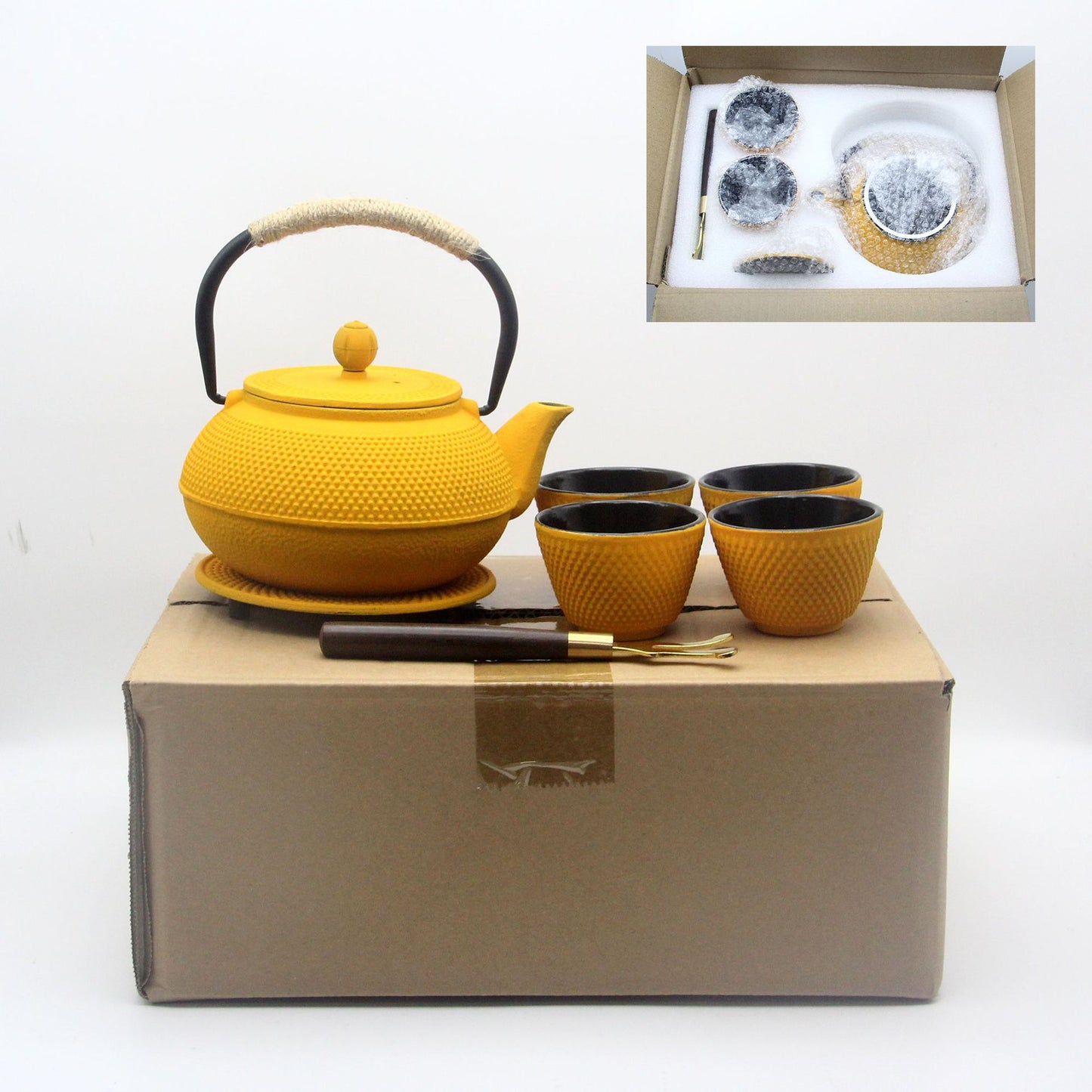 800ml Cast Iron Enamel Kettle Set with Cups and Utensils - Anti-Rust Nordic Style