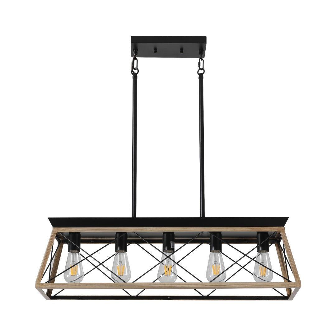 32-Inch Oak Industrial 5-Light Pendant Chandelier - Adjustable