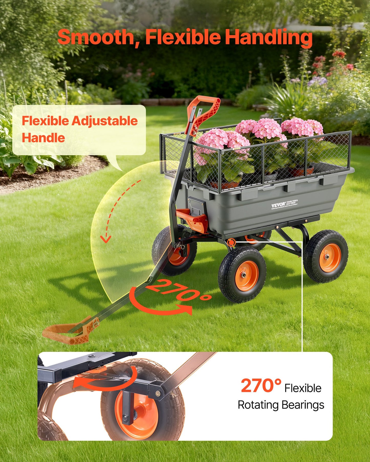 1200Lb Capacity Garden Dump Cart with Quick-Dump Mechanism and Swivel Wheels - Black
