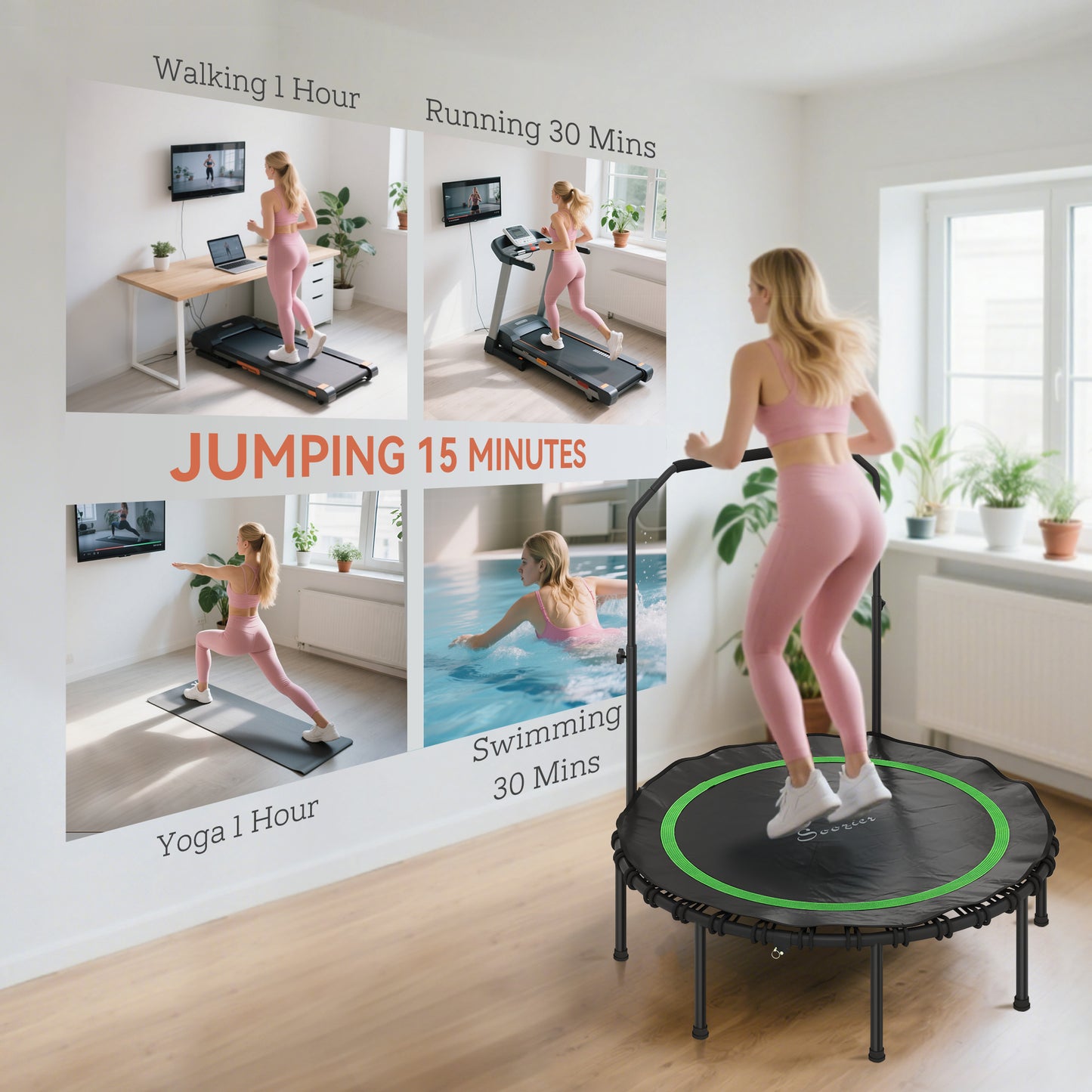 48" Foldable Rebounder Trampoline for Adults with Adjustable Handle - Green
