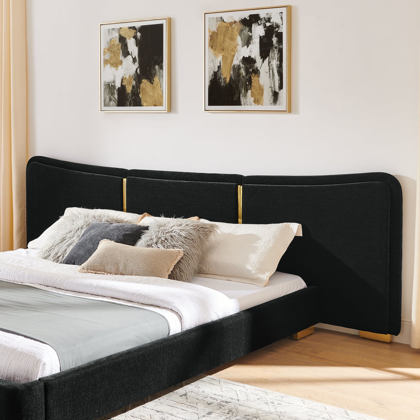 Queen Size Platform Bed with Soft Chenille Frame - Black