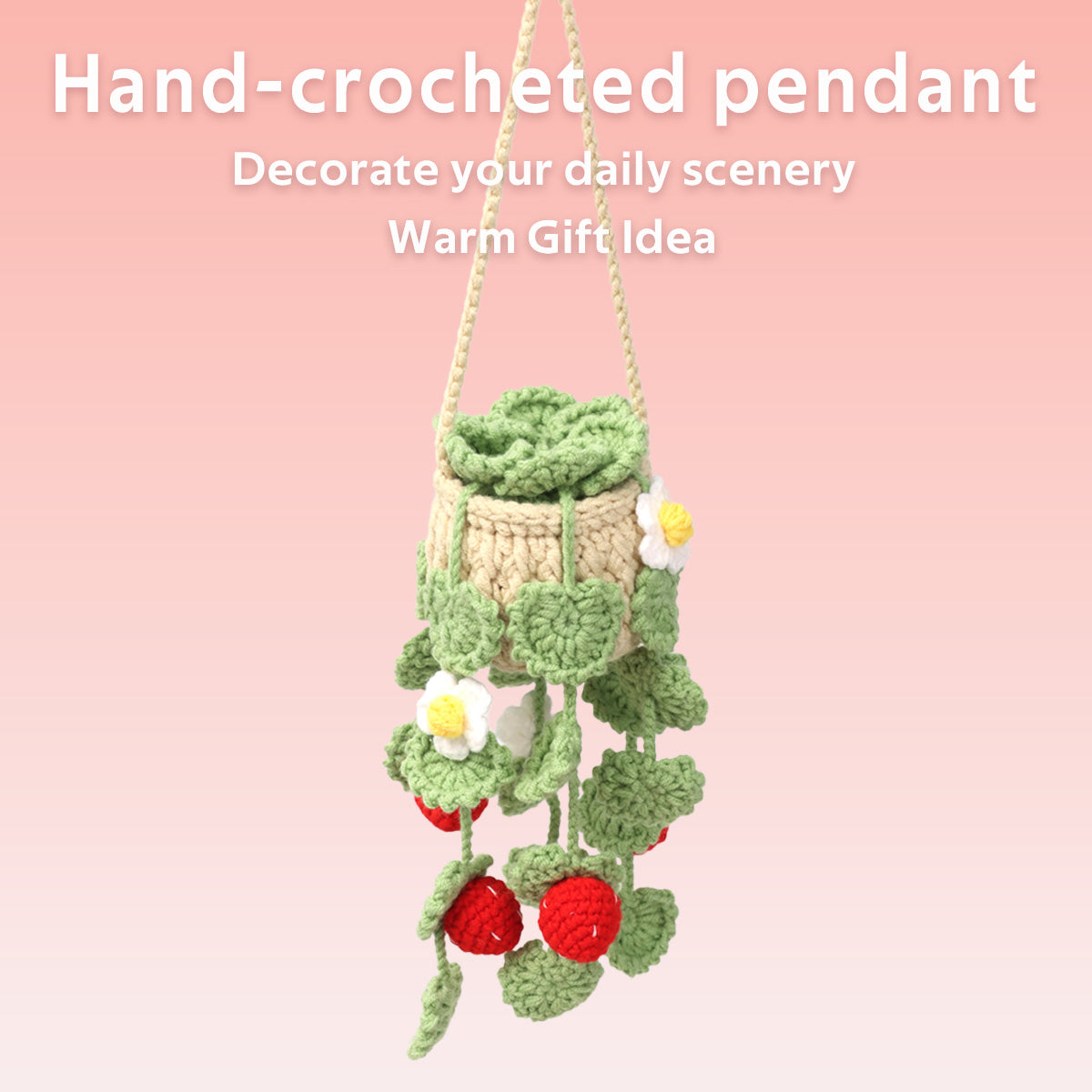 Handmade Crochet Hanging Plant Ornament with Strawberry & White Blossom Decor - Indoor Home Decor