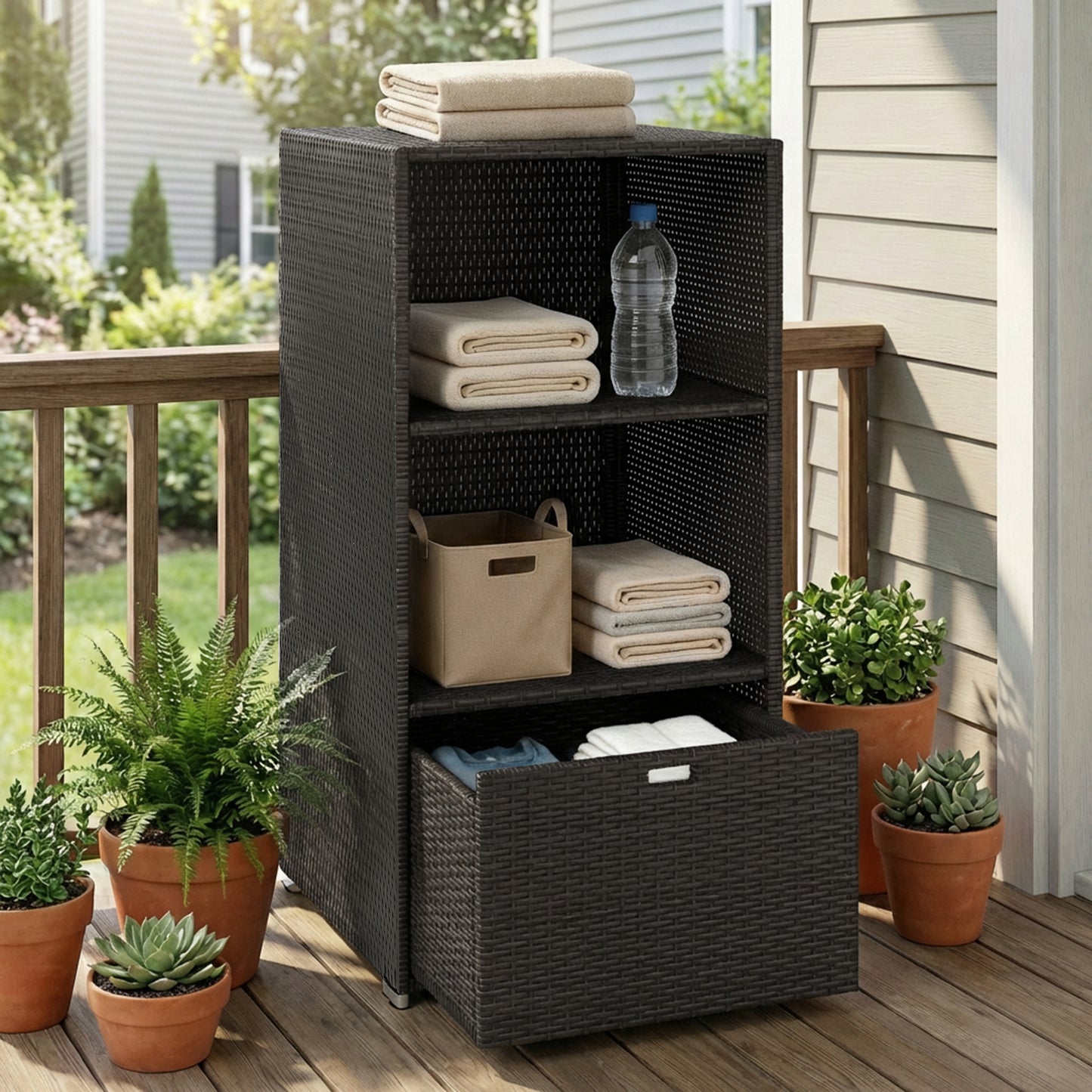 Water-Resistant Pool Towel Rack with 2 Shelves and Basket Drawer