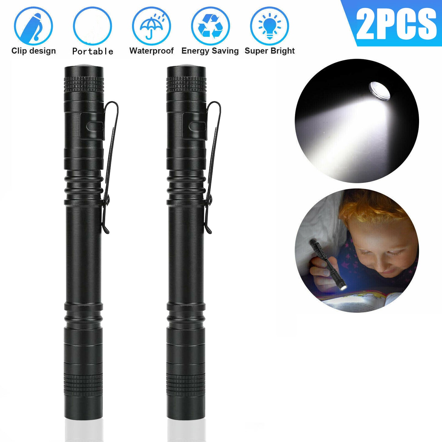 Mini LED Tactical Flashlight Penlight 2 Pack - Waterproof & Compact