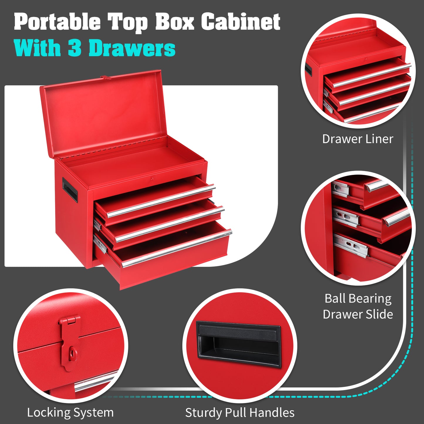 4-Drawer Steel Tool Cabinet with Lock - Heavy Duty Service Cart in Red