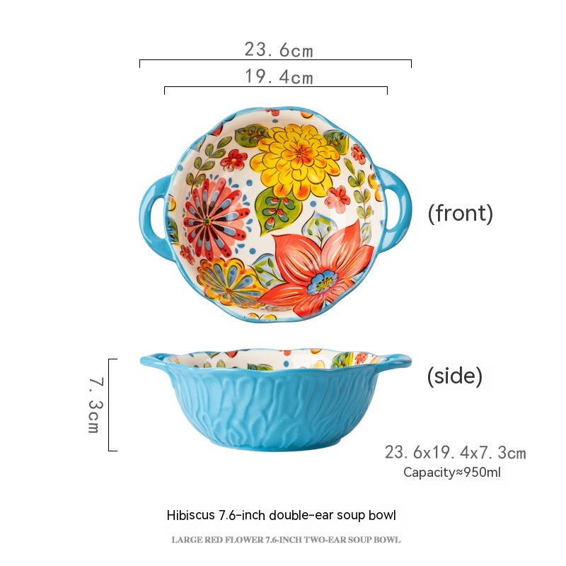 Ceramic Hand-Painted Flower Pattern Noodle Bowl with Double Handles - 950ML