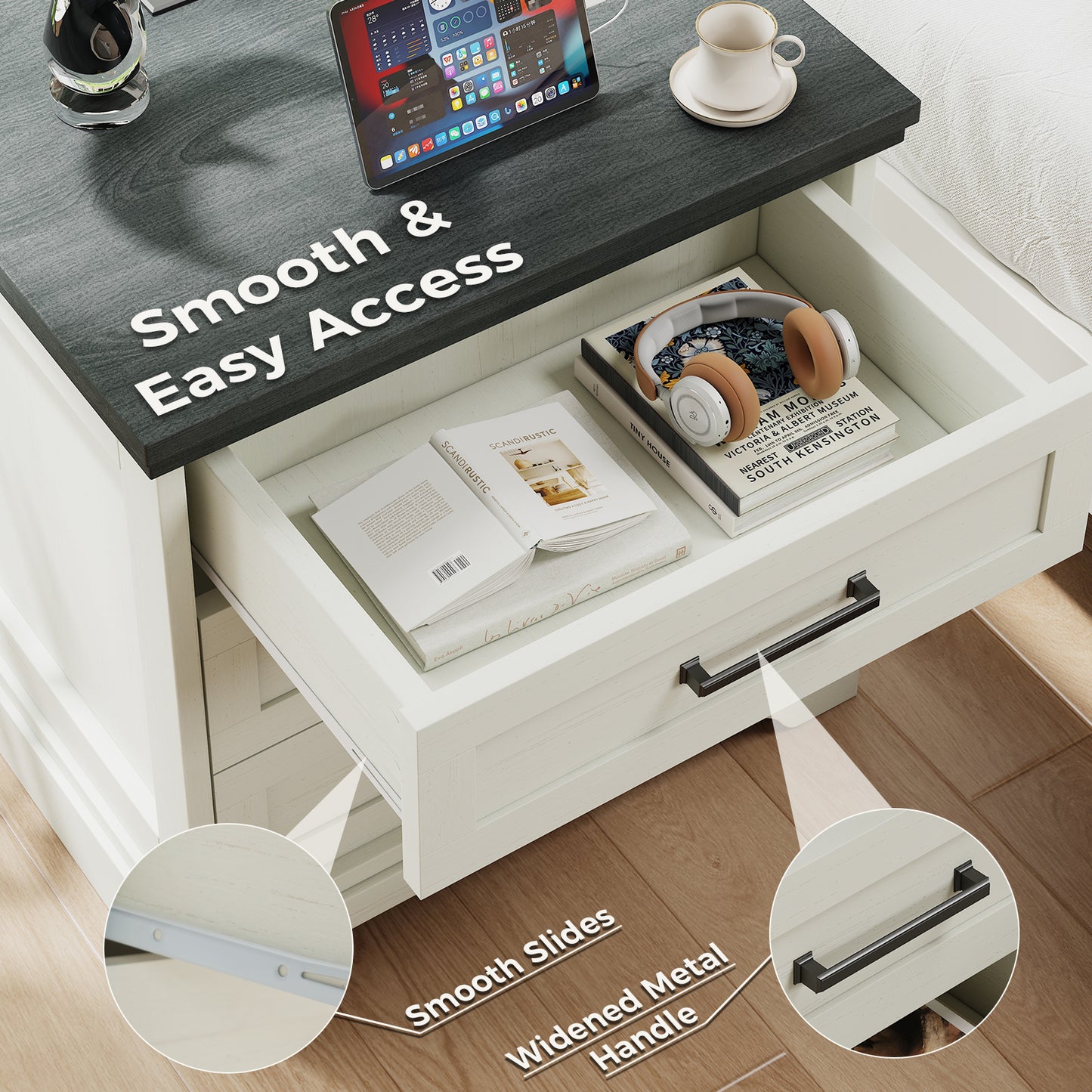 Country-Style Bedside Table with Charging Station & Drawer - White