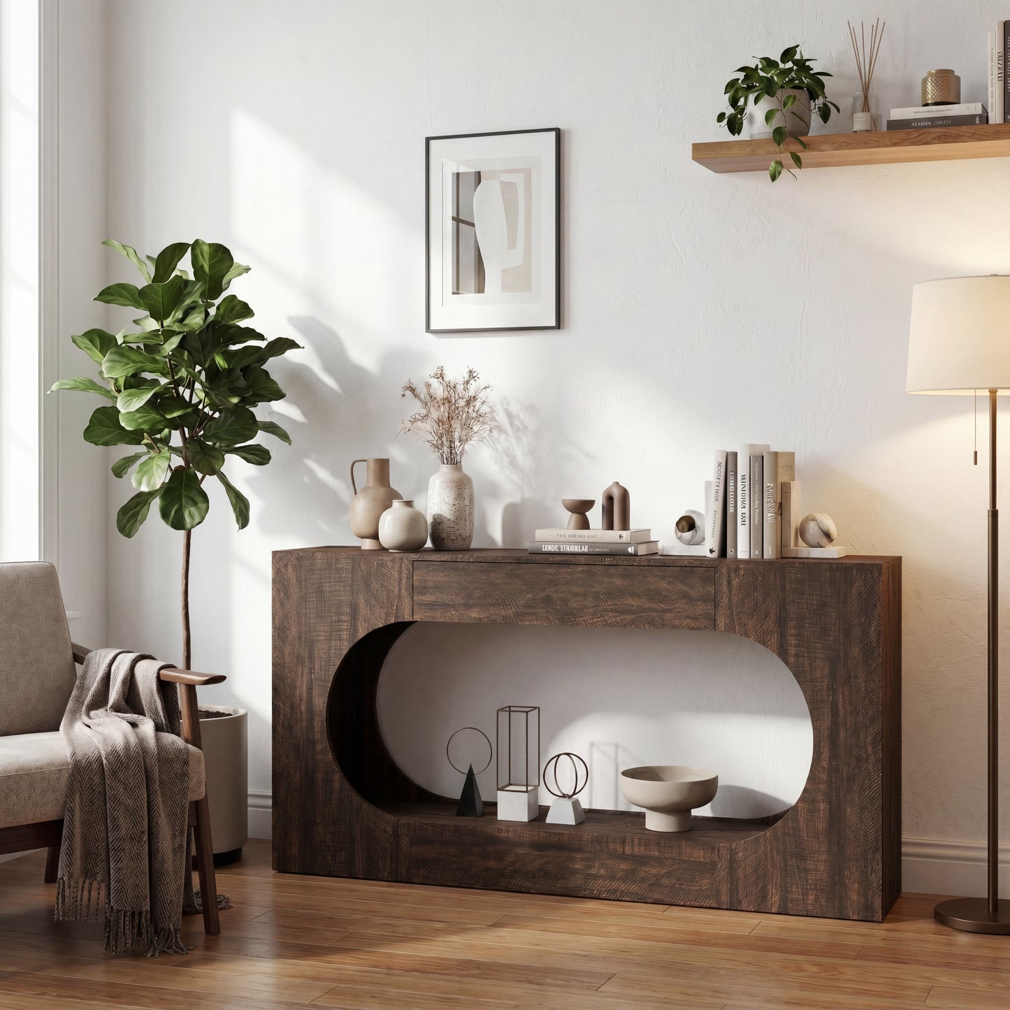 Narrow Walnut Wood Grain Console Table with Drawer - 63"