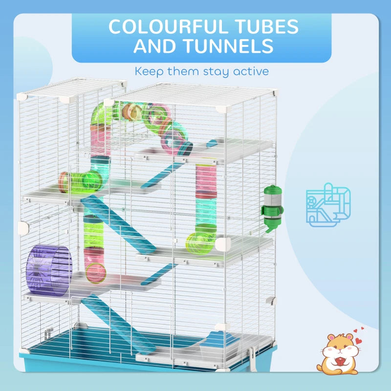 Multi-Tier Hamster Cage with Tubes and Accessories - Light Blue