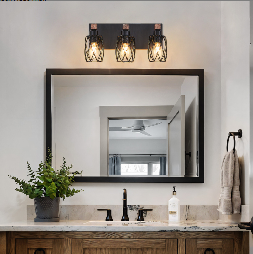18-Inch Industrial Vintage Wall Sconce with Wooden Accents - Black Cage Wall Light Fixture for Bathroom, Hallway, Living Room