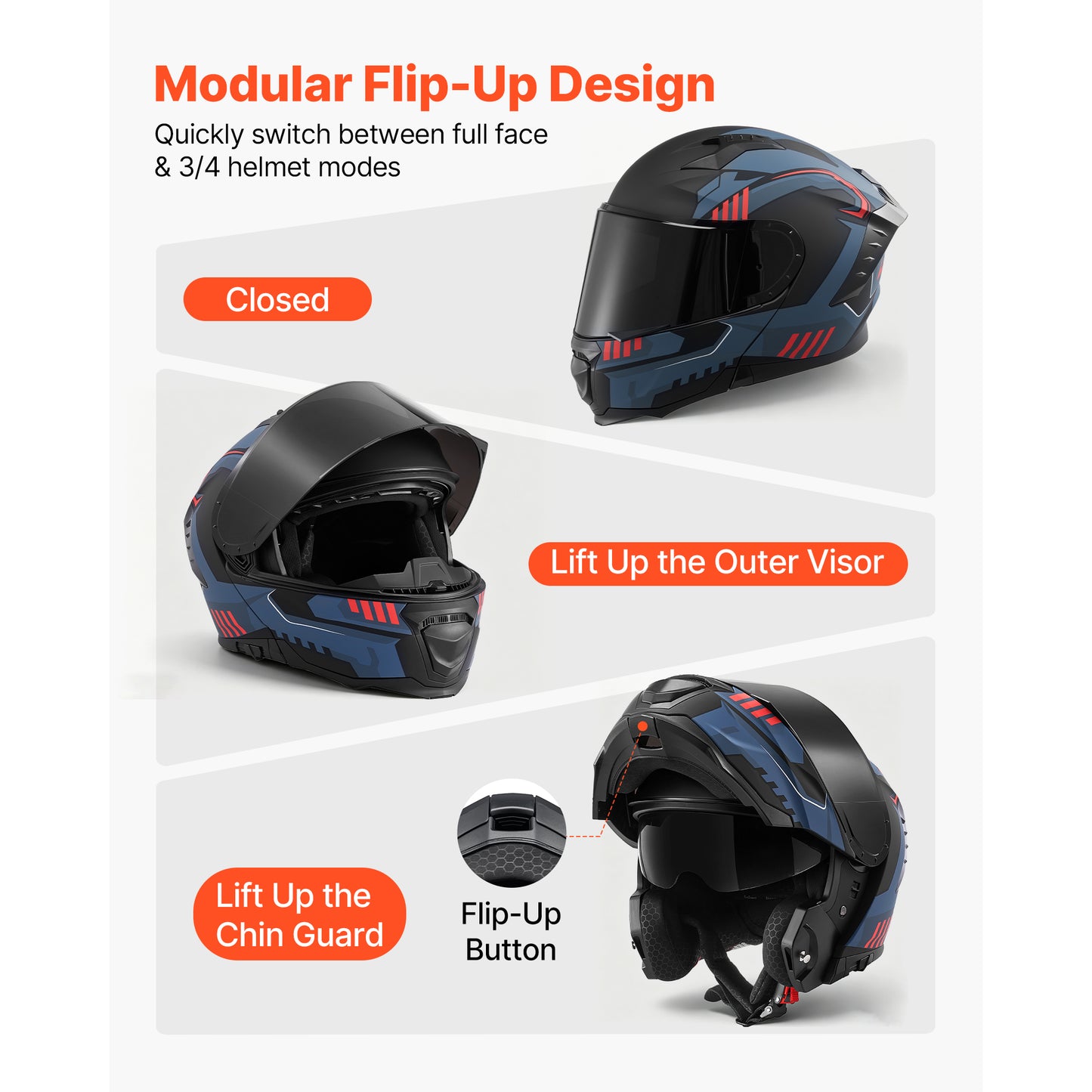 Modular Motorcycle Helmet with Flip Up Full Face Design Dual Visor Lightweight Safety Gear for Adults