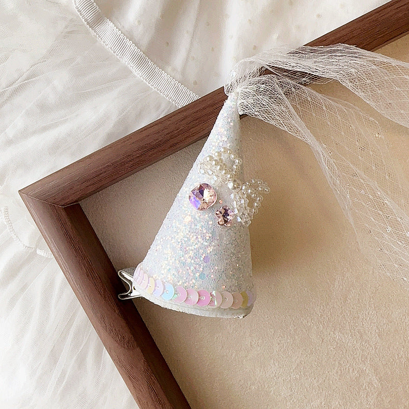 Children's Birthday Hat Hair Clip - Pearl & Feather