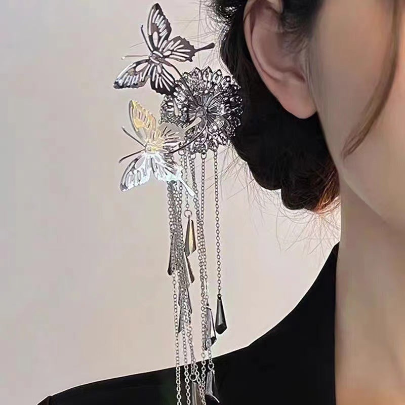 Butterfly Tassel Hairpin - Silver Alloy Hair Clip