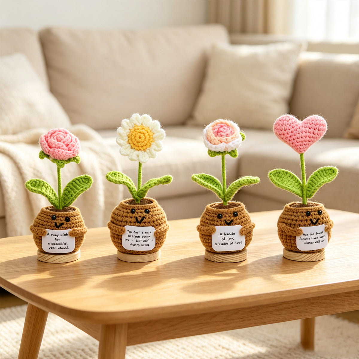 Mini Crochet Potted Flower Decor Assorted Rose & Heart with Inspirational Cards
