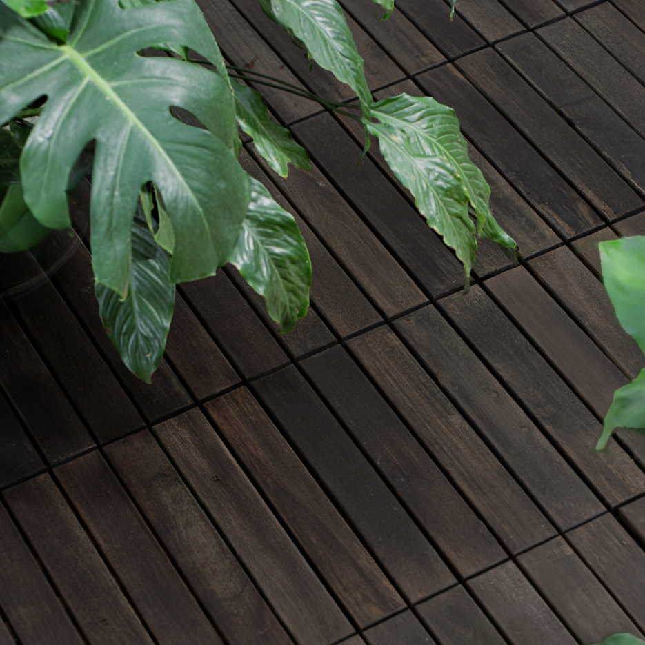 Interlocking Deck Tiles 12x12 Inch Dark Brown Acacia Hardwood Outdoor Flooring - Waterproof & Mold Resistant