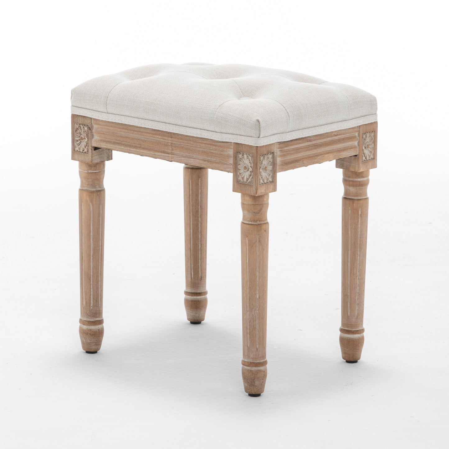 Tufted Vanity Stool with Linen Upholstery and Solid Wood Legs - Beige