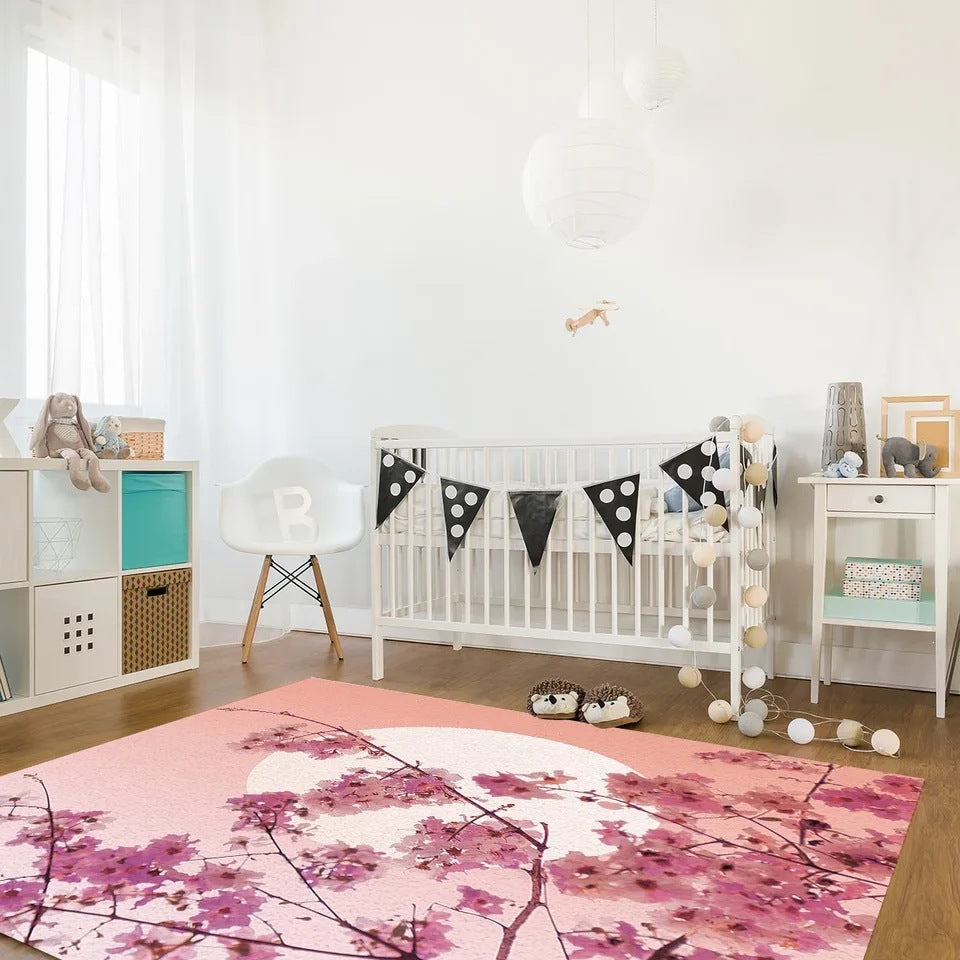 Pastel Cherry Blossom and Crescent Moon Non-Slip Flannel Floor Mat - Home Rug