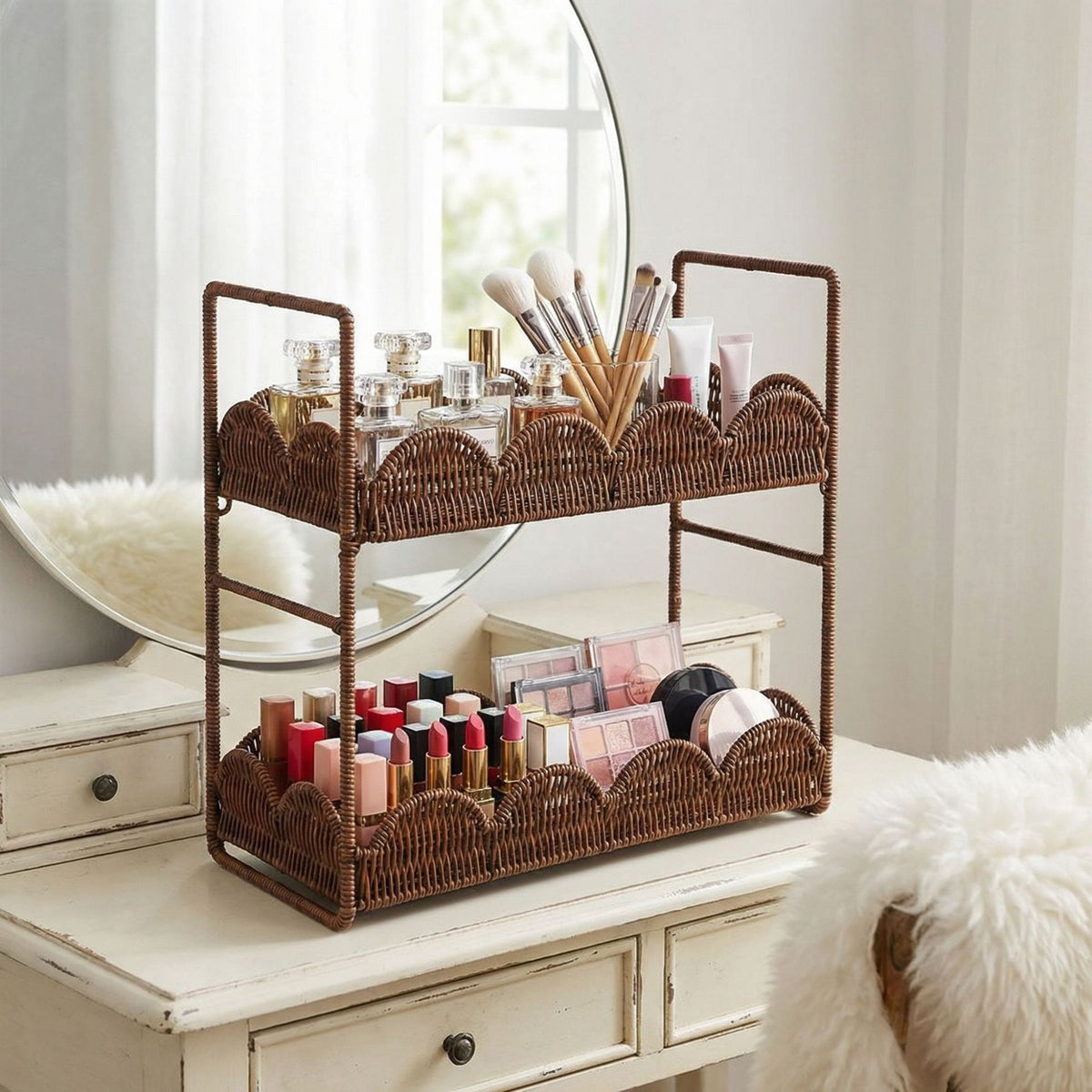 Double-Tier Bathroom Storage Shelf Rattan-Woven Movable Organizer