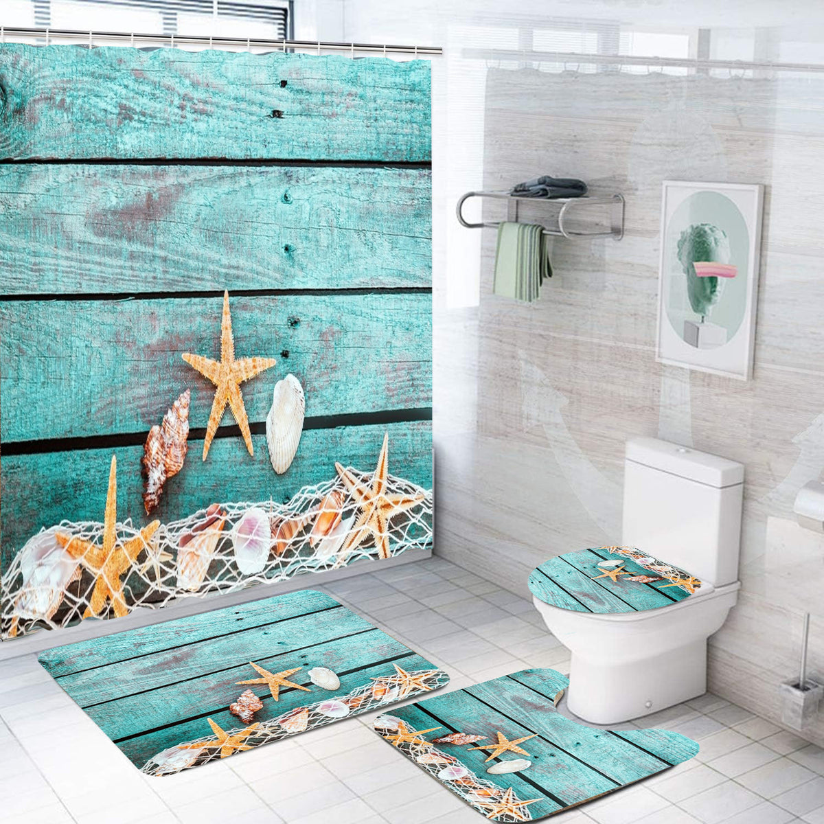 Bathroom Shower Curtain and Floor Mat Set Ocean World Printing - 4 Piece