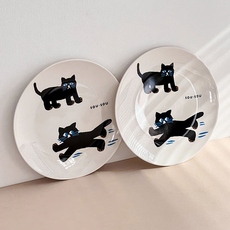 Black Cat Ceramic Dinner Plate 8-inch Salad Dish for Kitchen & Dining