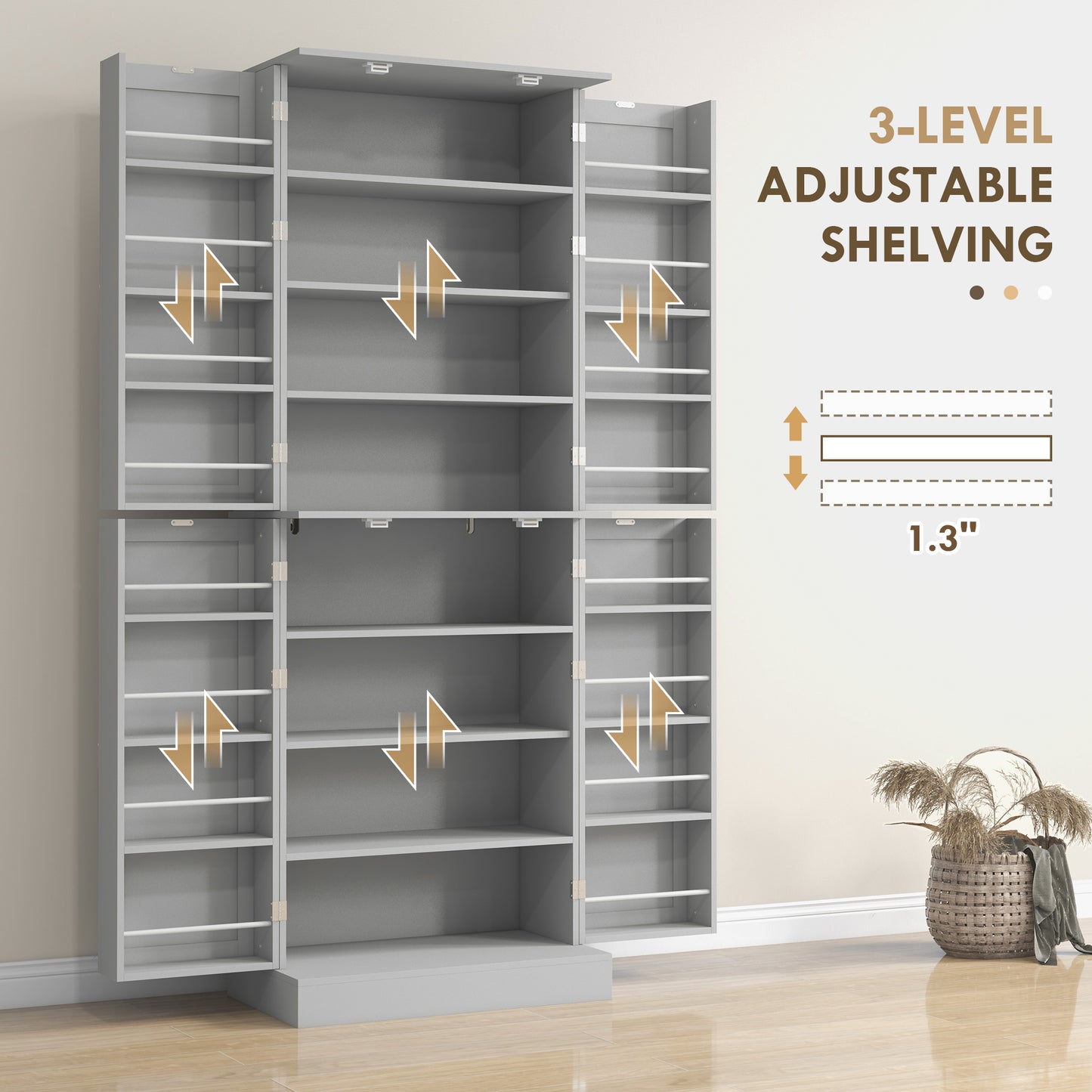 65" Kitchen Pantry Cabinet with 4 Doors and 16 Shelves - Gray