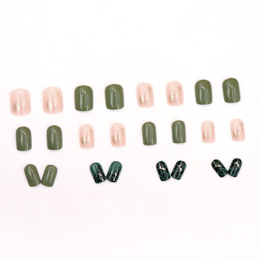 Green Leopard Print Nail Art Stickers with Gold Foil - 24pcs