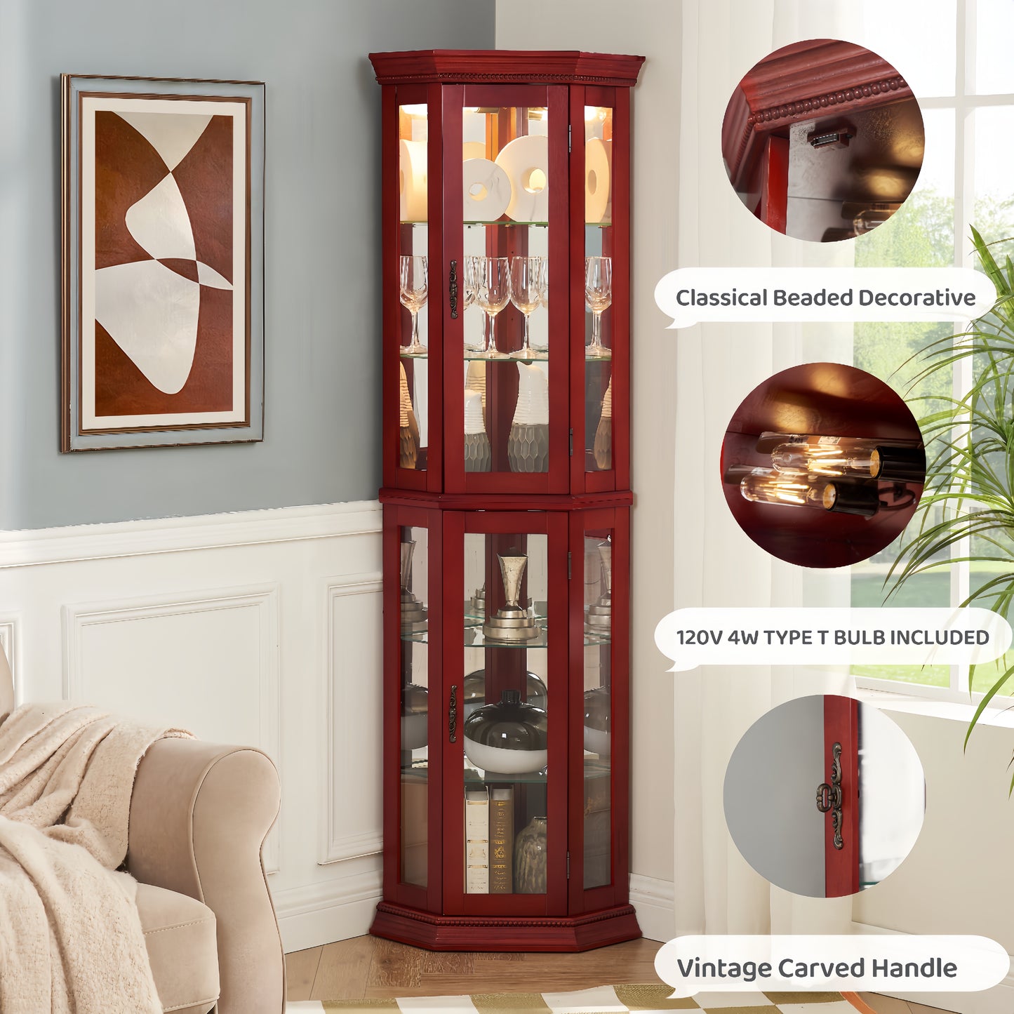 Corner Curio Cabinet Lighted Display, Glass Display Shelf Shelving