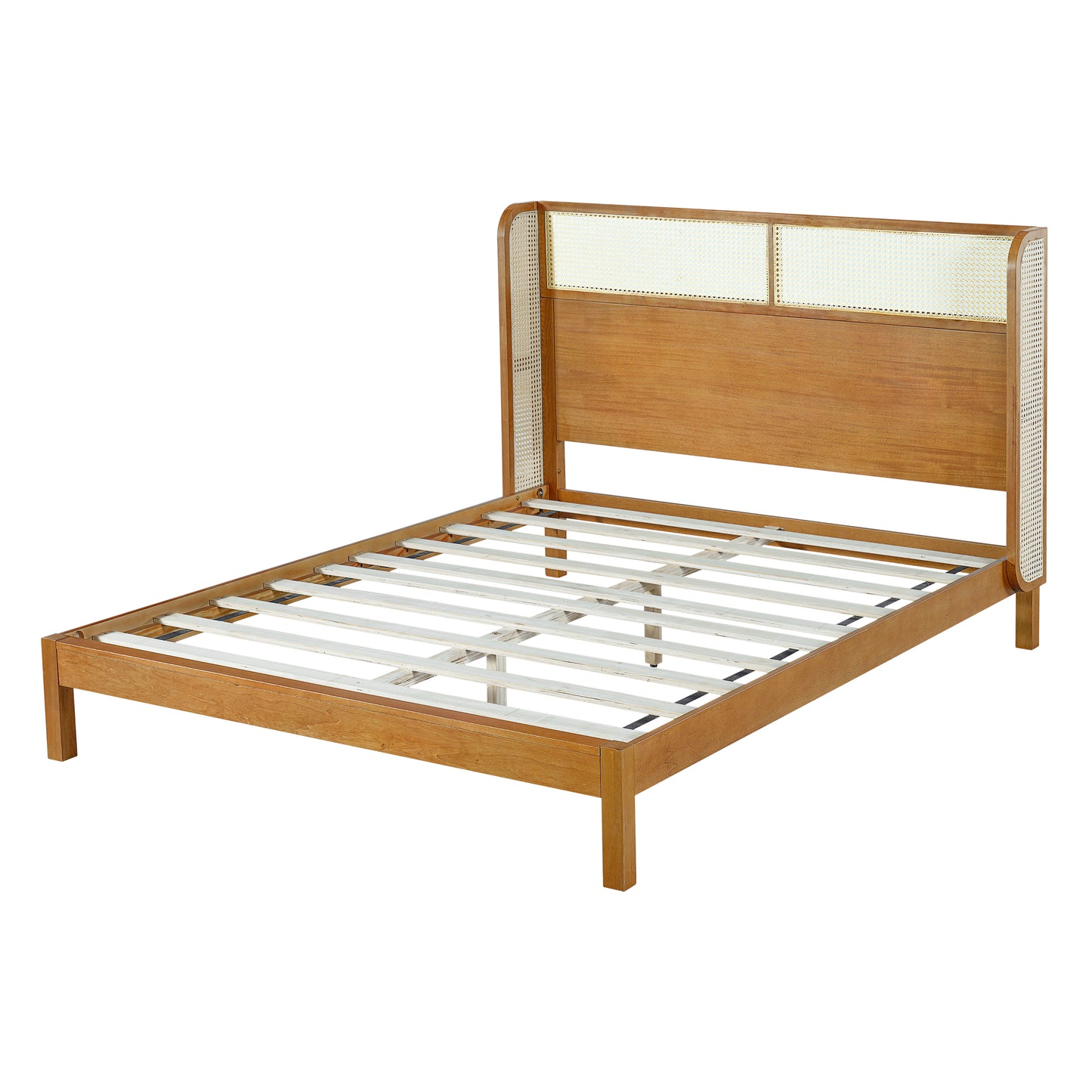 Queen Platform Bed Frame with Headboard - Mid Century Modern Natural Rubber Wood