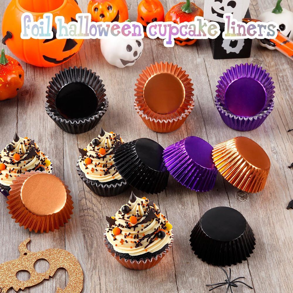 300 Pcs Halloween Foil Cupcake Liners - Black, Purple, Orange
