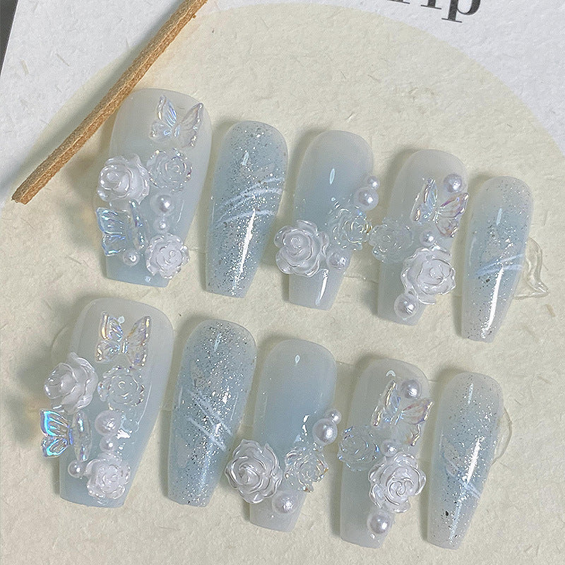 Handmade Wearable Nail Art Kit with Icy Camellia Design & Gradient Colors