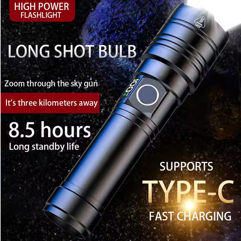 Rechargeable 50,000 Lumens LED Flashlight with Zoom, USB-C Charging & Emergency Power