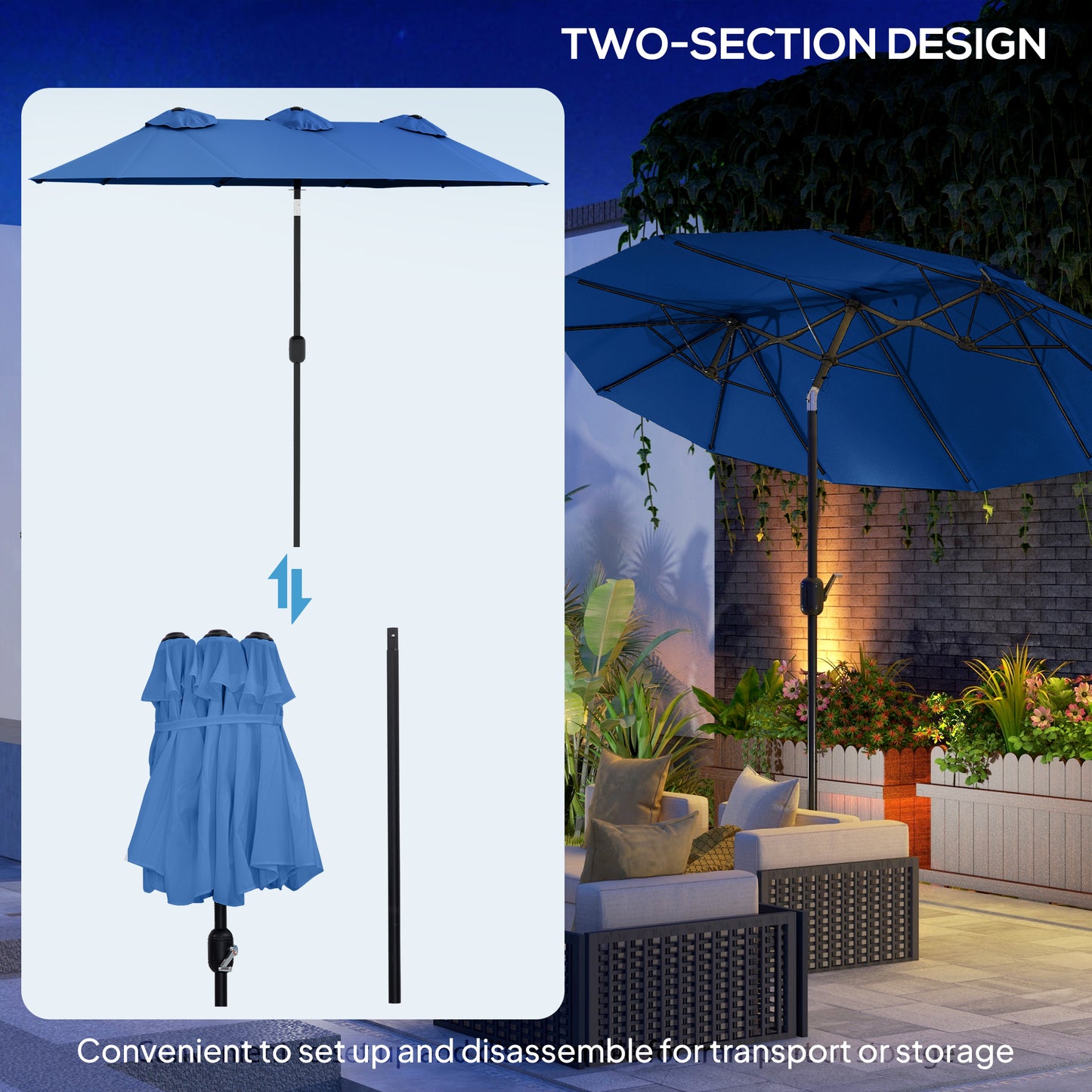 Double-Sided Patio Umbrella - 9.5 ft with Crank & Tilt, Navy Blue