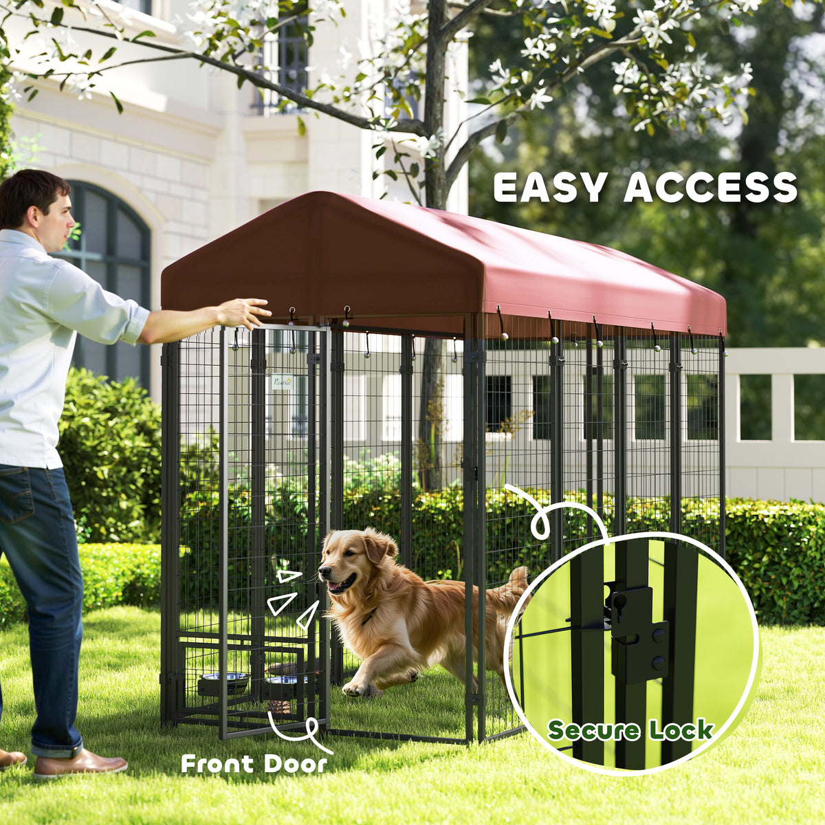 Outdoor Dog Kennel with Rotating Bowls and Waterproof Cover - 8x4x6 ft, Red