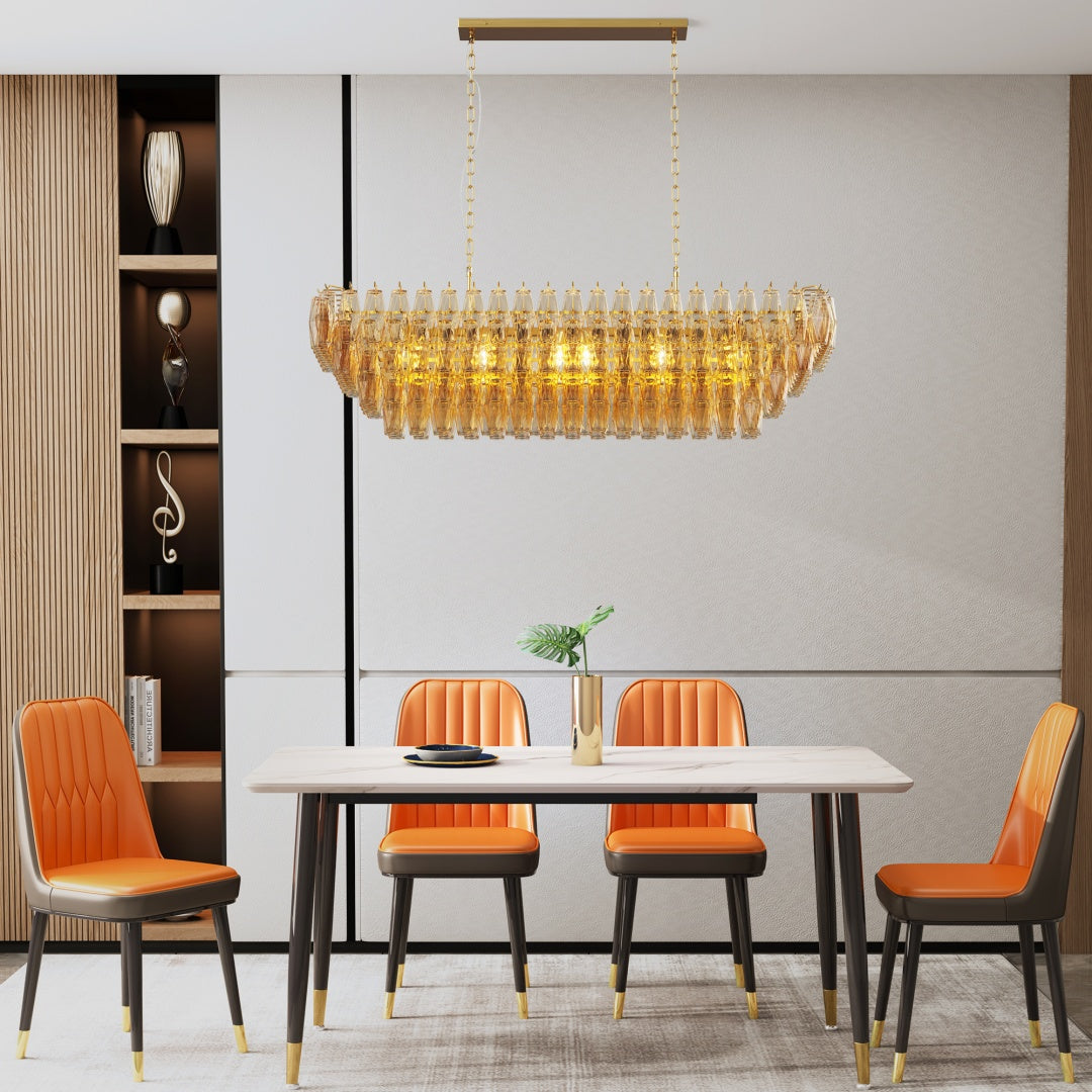 Large Gold Rectangle Chandelier - 12-Light Smoke Glass Fixture