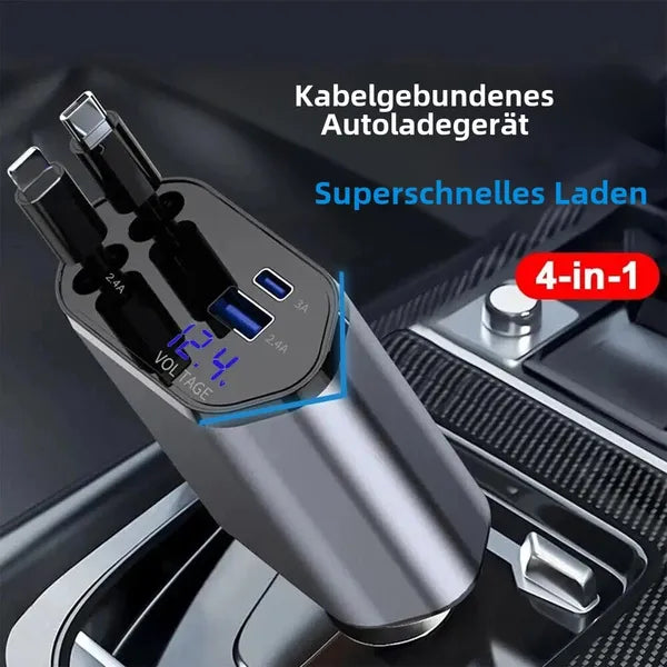 Car USB Fast Charger 120W 4-Port with Retractable Cables & Adjustable Angle