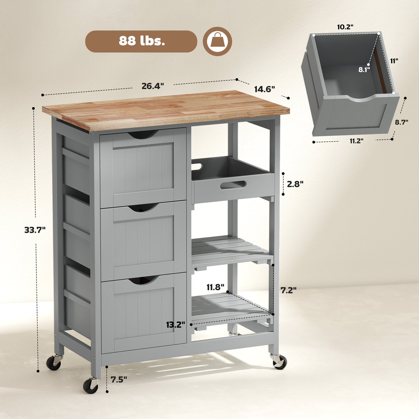 Rolling Kitchen Cart with Wood Top, Shelves & Drawers - Gray