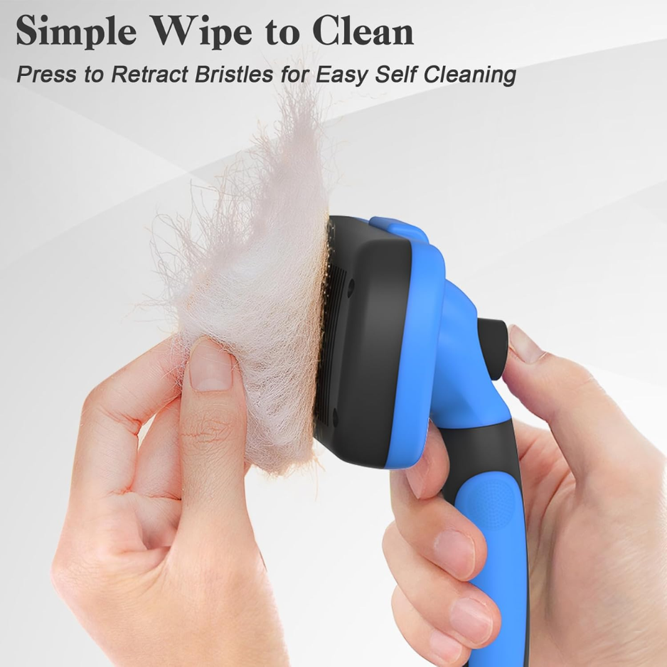 Self Cleaning Slicker Brush for Dogs & Cats - Gentle Deshedding Grooming Tool - Blue