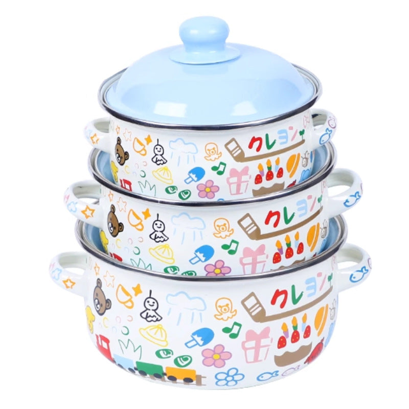 Double-Handled Enameled Noodle Bowl with Lid & Heat-Resistant Oil Can - Multi-Color Set