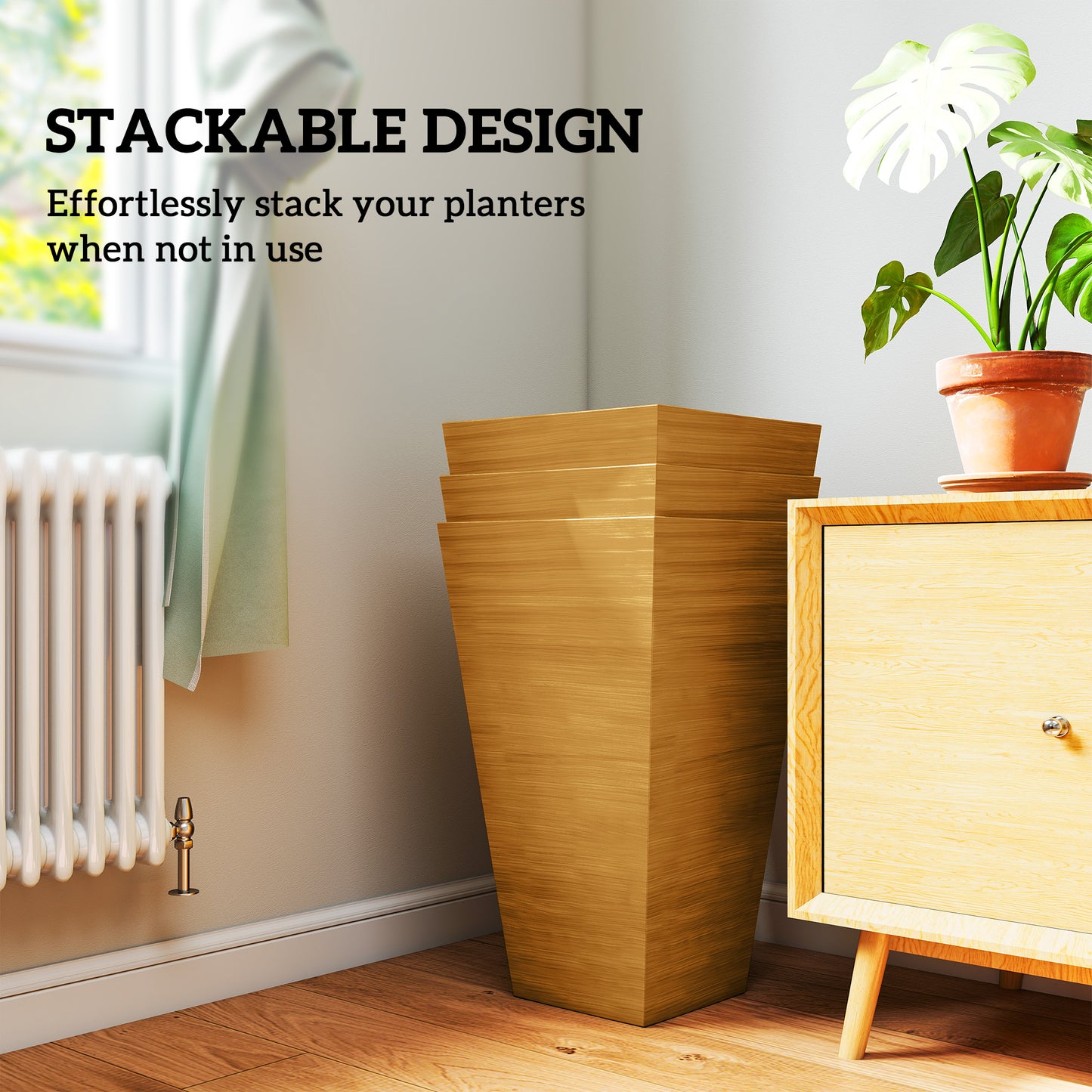 Set of 3 Tall Outdoor Planters 28 Inches with Drainage Holes Faux Wood Look
