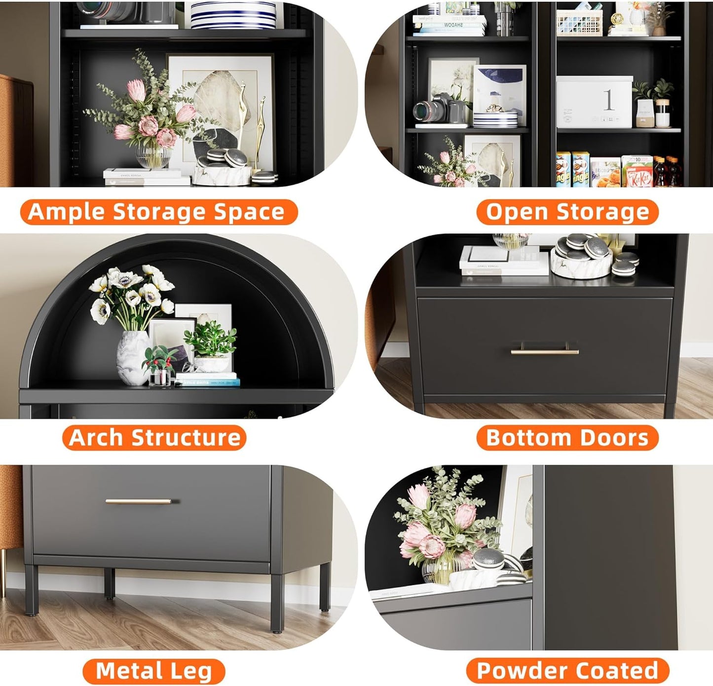 Metal Arched Bookshelf Cabinet with Drawer - Black Kitchen Storage