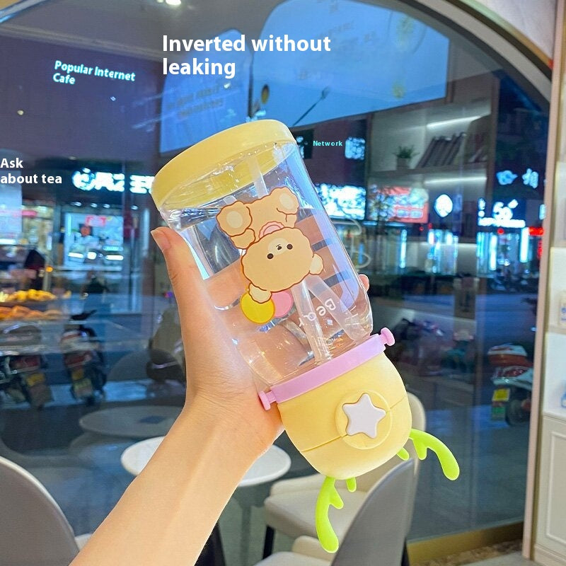Large Capacity Cartoon Antlers Plastic Drinking Cup with Straw - 600ML, Multiple Colors