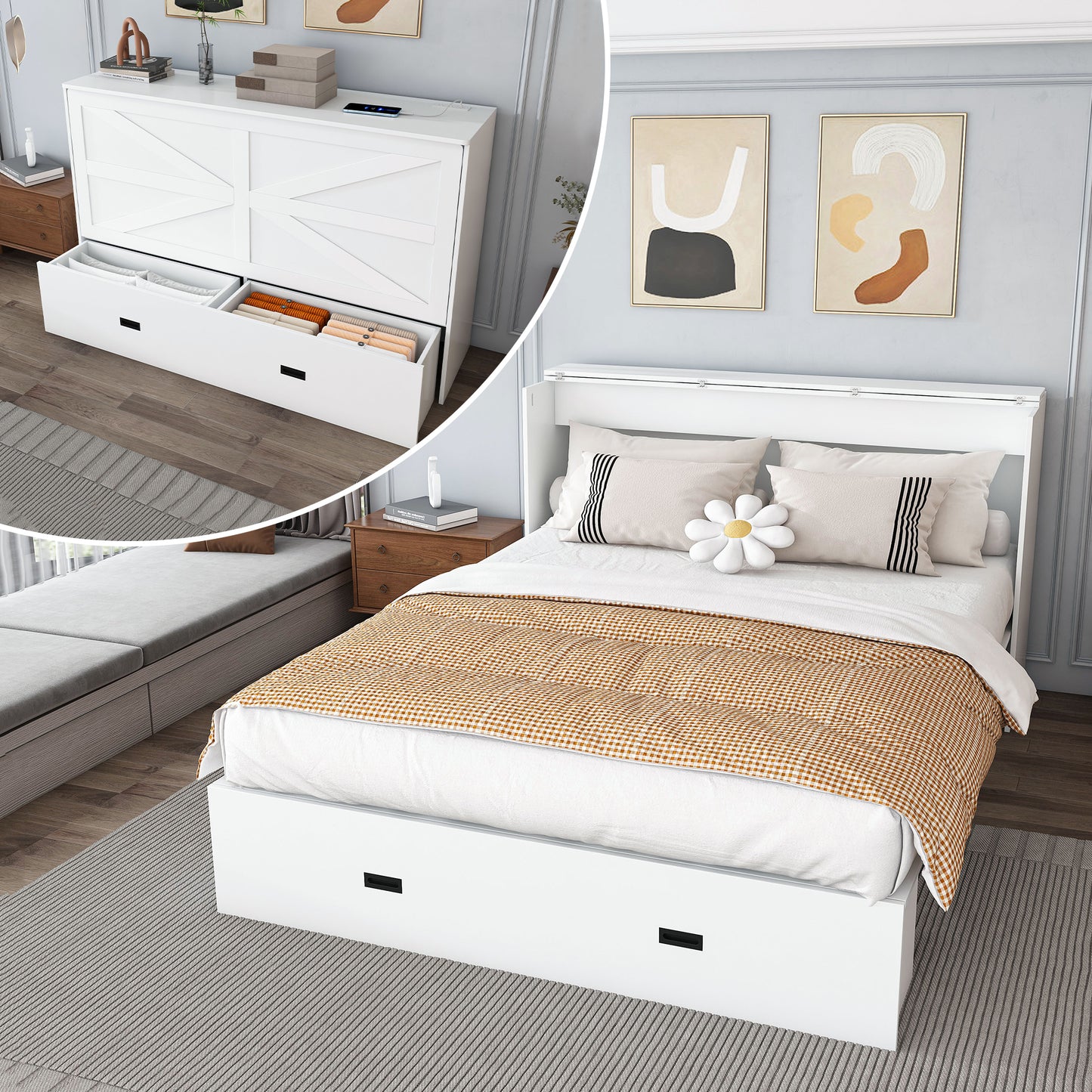 57 Inches Murphy Bed, With Storage Drawers And Charging Cabinet,