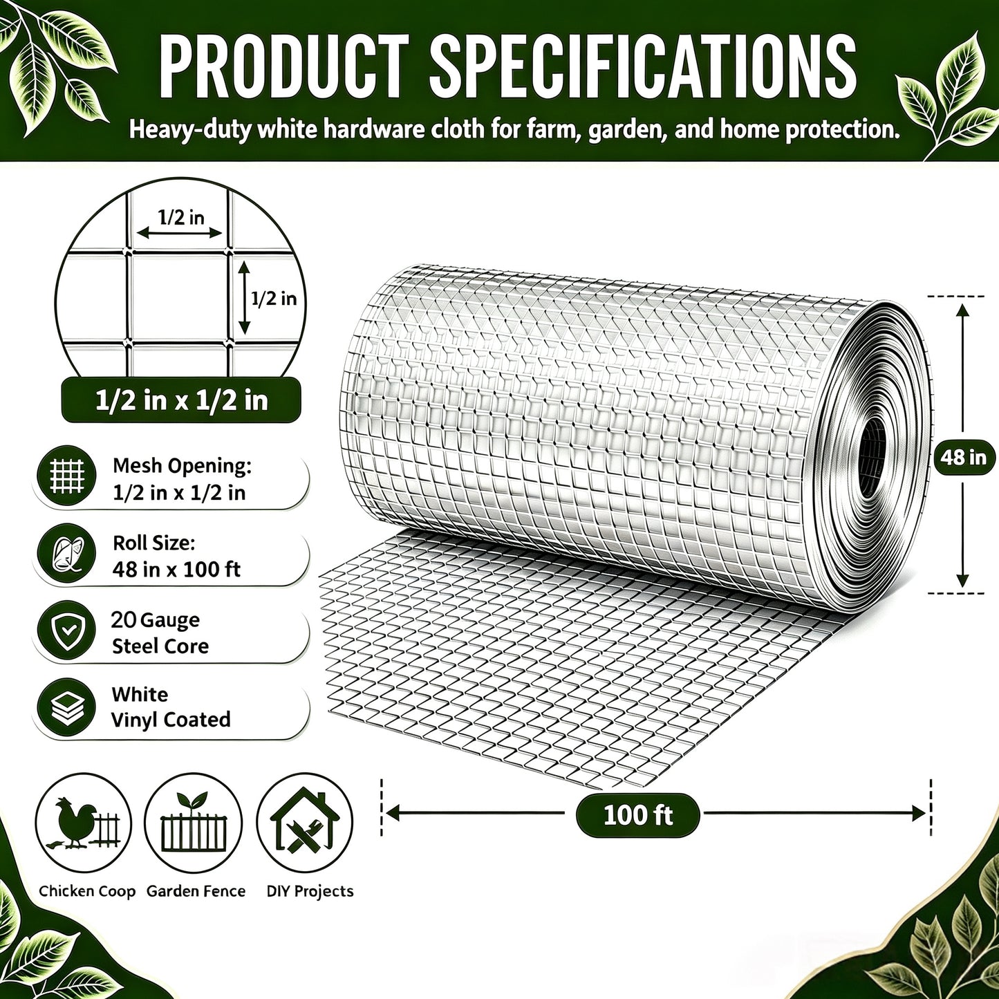 48in x 100ft Silver Metal Chicken Wire Roll - Garden Fencing