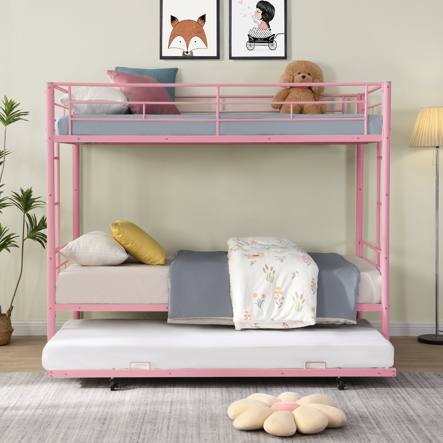 Metal Bunk Bed with Trundle in Pink - Space-Saving Design