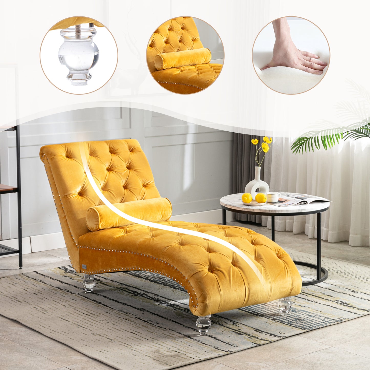 Mustard Velvet Chaise Lounge Chair - Button-Tufted Upholstered Design