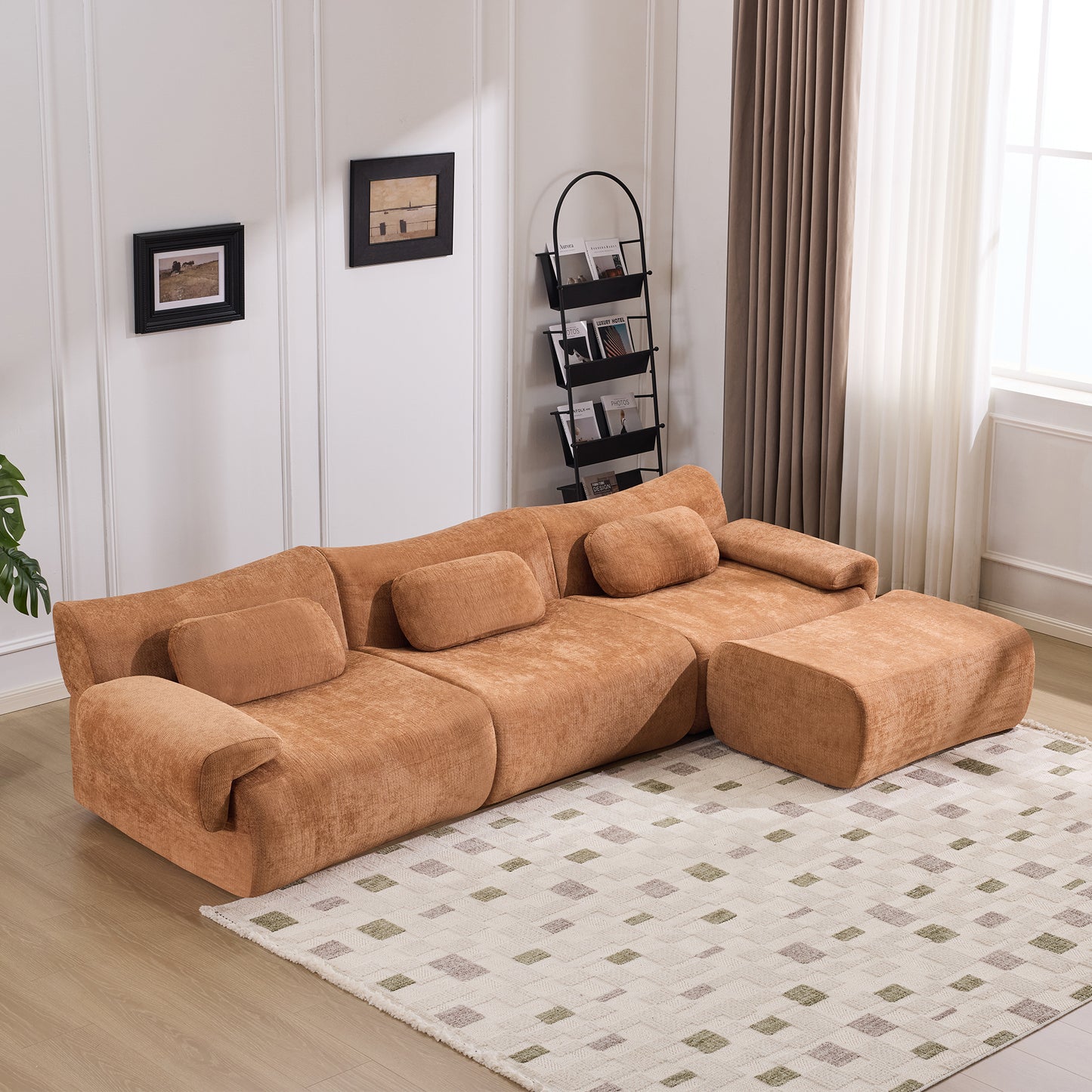 Modular Bamboo Joint Armchair - Extra-Large Chenille Sofa with 3 Pillows - Orange